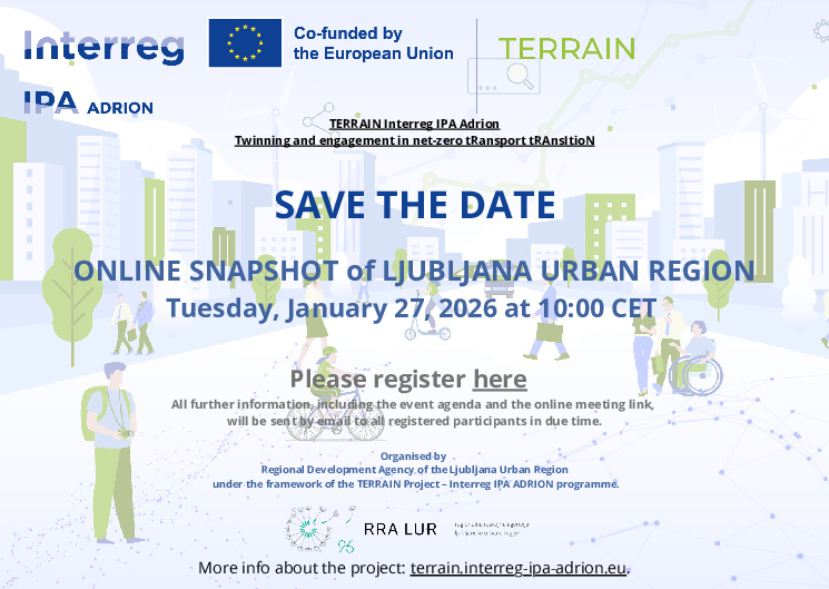 Brezplačen spletni dogodek - Snapshot RRA LUR, TERRAIN: Načrtovanja trajnostne mobilnosti, pametnih in digitalnih mobilnostnih rešitev, 27. januar 2026